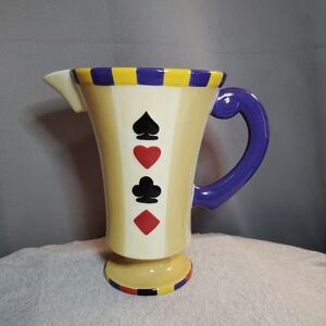 Dantes Ceramic Yellow Playing Card Pitcher Blue Handle Spade Heart Club Diamond